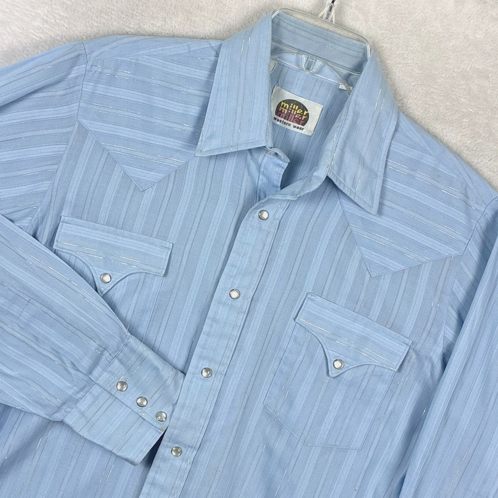 VTG Miller Western Wear Shirt Mens 16-35 (L) Pearl Snap Blue Silver Metallic 80s
